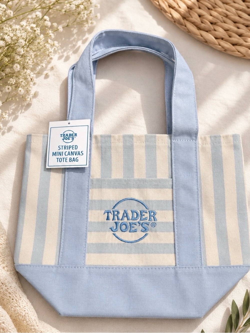 Trader Joe's blue striped canvas mini tote bag